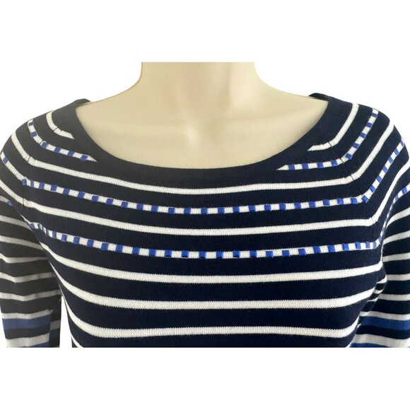 Boston Proper Blue Striped Soft Sweater Embellished Neckline Size XS Knit Top - Picture 2 of 8